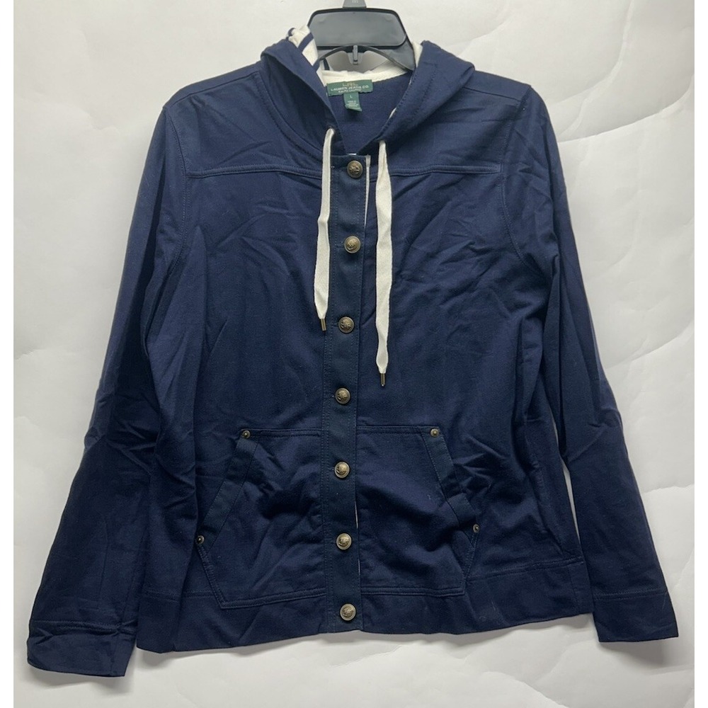 Lauren Jeans Co Womens Size L Blue Long Sleeve Anchor Button Up Hoodie (M1)